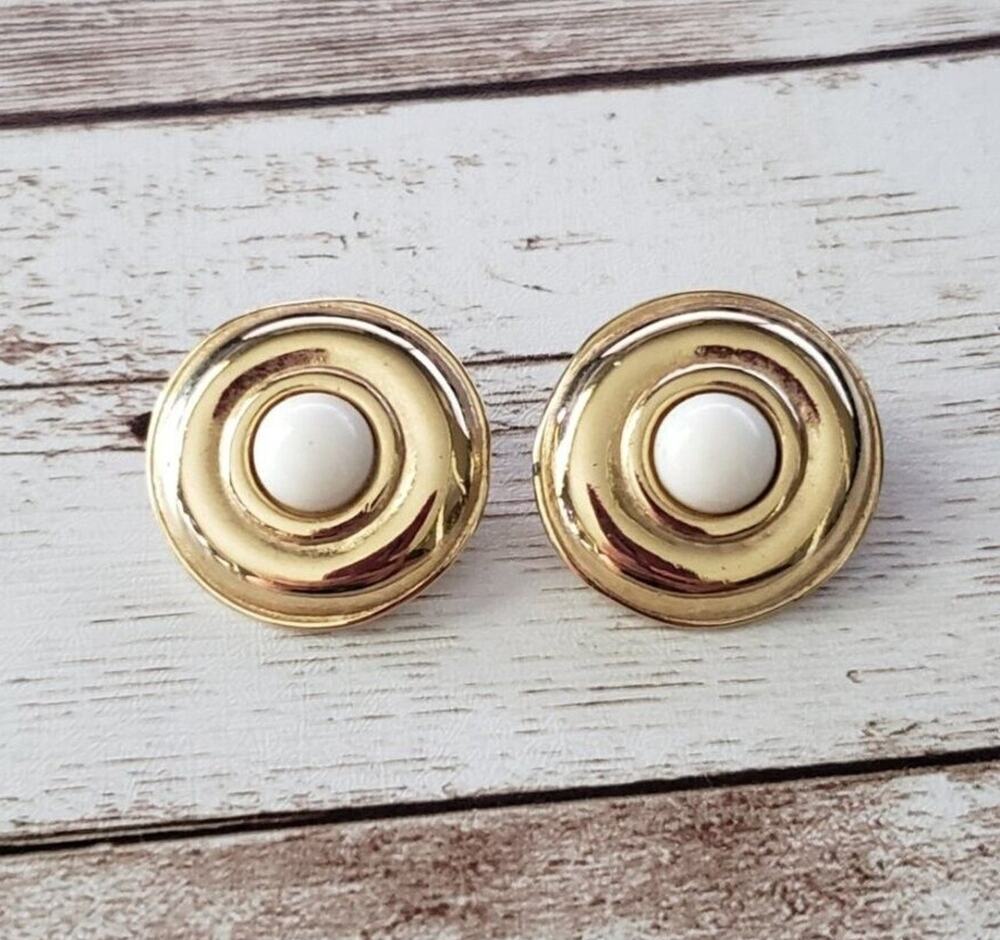 Vintage Clip On Earrings Large Gold Tone with White Center Statement